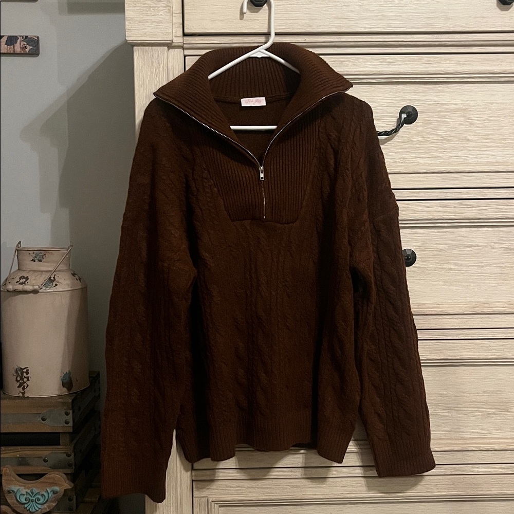 Pink Lily chocolate brown cable knit zip up sweater